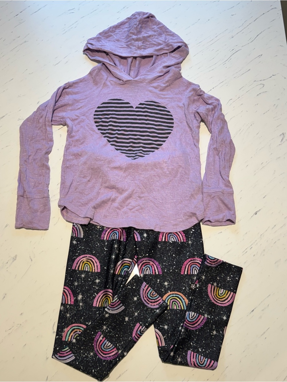 Pixielane Lavender Hooded Long Sleeve Tee & Black Rainbow Leggings Kids Set